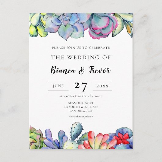 Succulent cactus waterverf bruiloft uitnodiging (Voorkant)