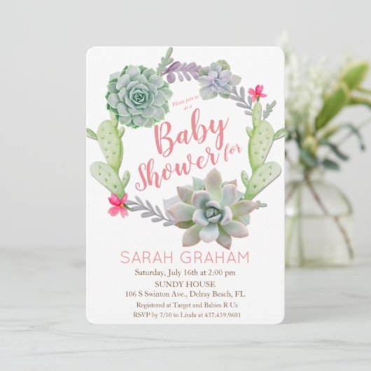 Succulent Cactus Wreath Baby shower Uitnodiging (Staand voorkant)