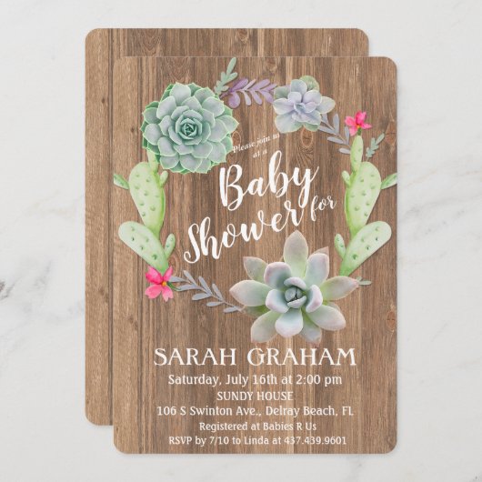 Succulent Cactus Wreath Baby shower Uitnodiging (Voorkant / Achterkant)