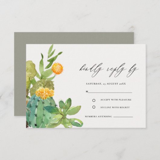Succulent Cactus Yellow Foliage Wedding RSVP Informatiekaartje (Voorkant / Achterkant)