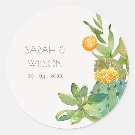 Succulent Cactus Yellow Green Foliage Wedding Ronde Sticker (Voorkant)