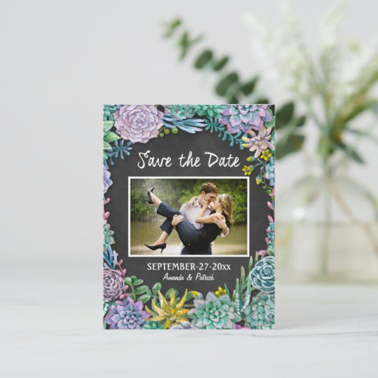 Succulent Chalkboard Wedding Save The Date Kaarten (Staand voorkant)
