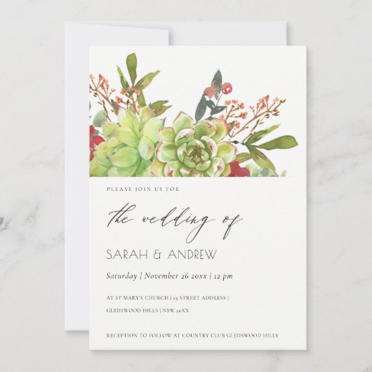 Succulent Desert Cactus Red Floral Wedding Invite Bedankkaart (Voorkant)