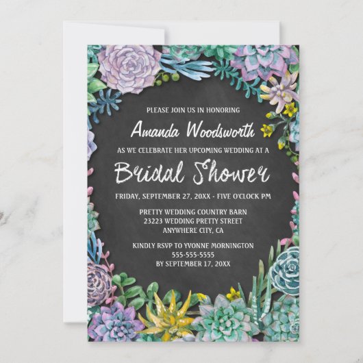 Succulent en Chalkboard Bridal Shower Uitnodiginge Kaart (Voorkant)