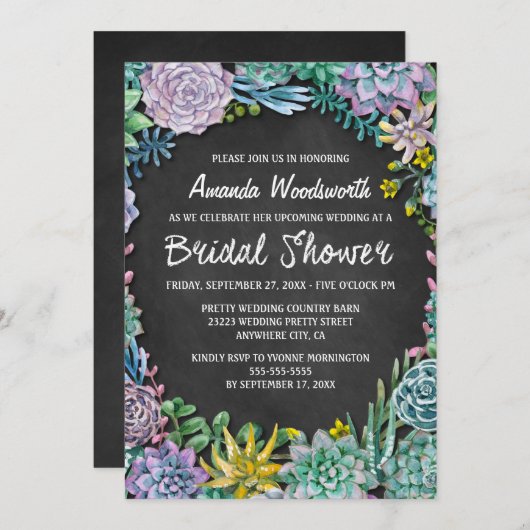 Succulent en Chalkboard Bridal Shower Uitnodiginge Kaart (Voorkant / Achterkant)