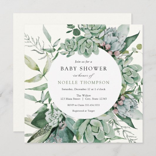 Succulent en Eucalyptus Greenery Baby shower Kaart (Voorkant / Achterkant)