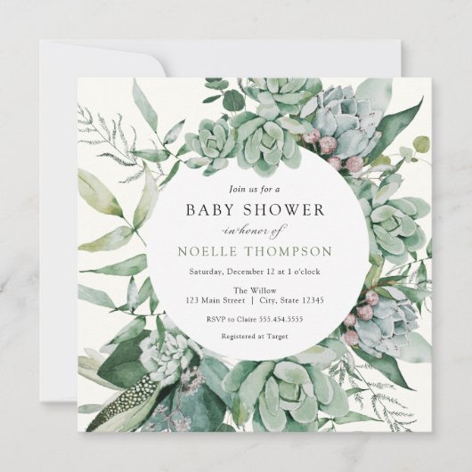 Succulent en Eucalyptus Greenery Baby shower Kaart (Voorkant)