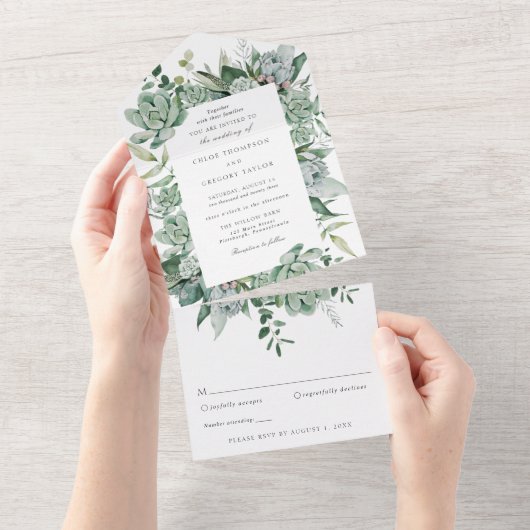 Succulent en Eucalyptus Greenery Wedding All In One Uitnodiging (Afscheurbaar)