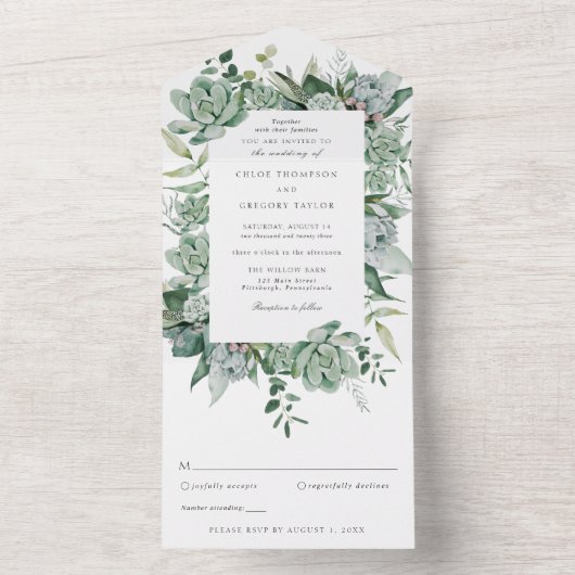 Succulent en Eucalyptus Greenery Wedding All In One Uitnodiging (Binnen)