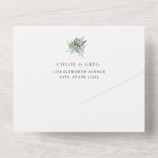 Succulent en Eucalyptus Greenery Wedding All In One Uitnodiging (Achterkant)
