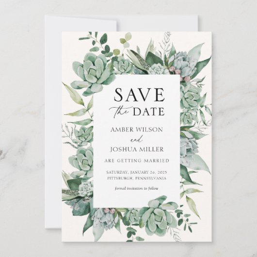 Succulent en Eucalyptus Wedding Save the Date Kaart (Voorkant)