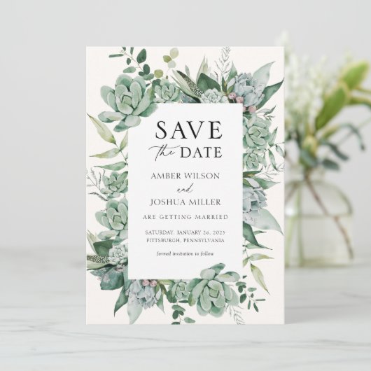 Succulent en Eucalyptus Wedding Save the Date Kaart (Staand voorkant)