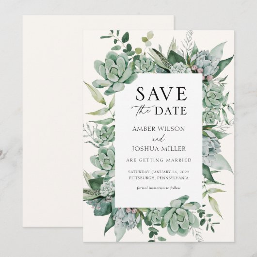Succulent en Eucalyptus Wedding Save the Date Kaart (Voorkant / Achterkant)
