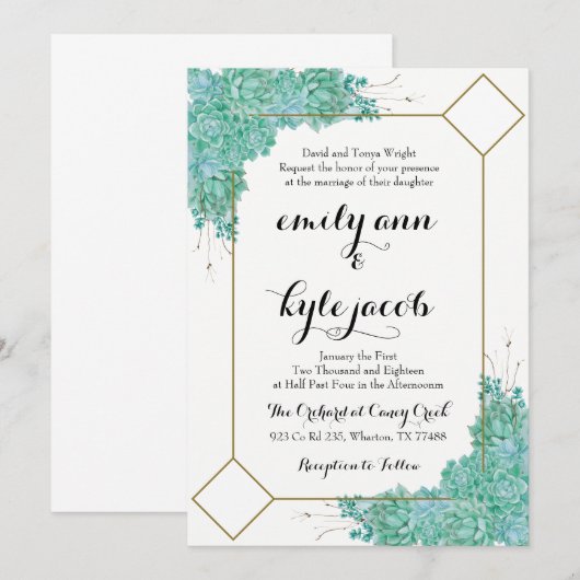 Succulent en Gold Wedding Kaart (Voorkant / Achterkant)