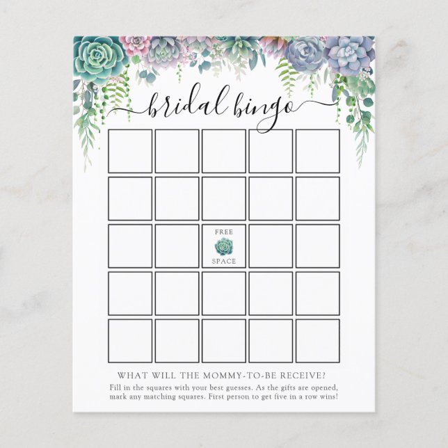 Succulent en Greenery Bridal Bingo Game Kaart (Voorkant)