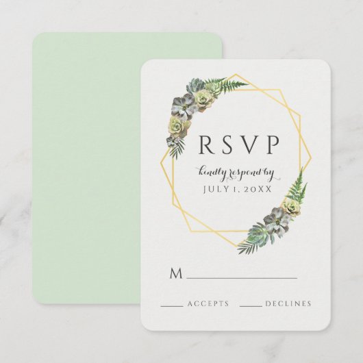 Succulent en groen goud geometrisch RSVP kaartje (Voorkant / Achterkant)
