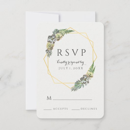 Succulent en groen goud geometrisch RSVP kaartje (Voorkant)