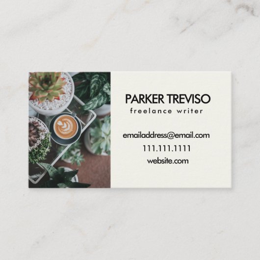 Succulent en koffie, bijtende artistiek visitekaartje (Voorkant)