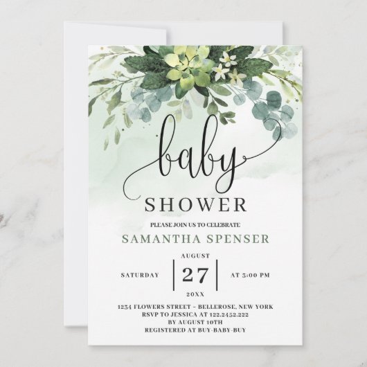 Succulent Eucalyptus Baby shower Kaart (Voorkant)