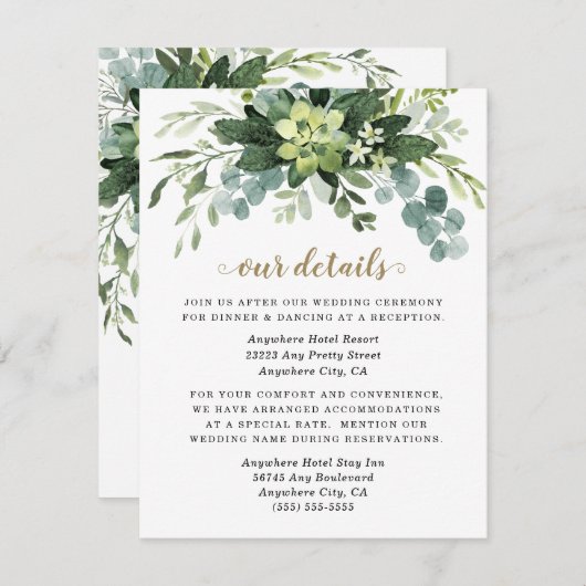 Succulent Eucalyptus Elegant Boho Greenery Wedding Informatiekaartje (Voorkant / Achterkant)