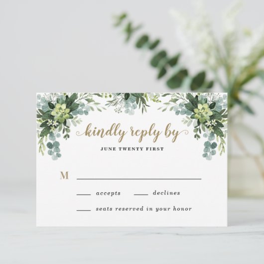 Succulent Eucalyptus Elegant Boho Greenery Wedding RSVP Kaartje (Staand voorkant)