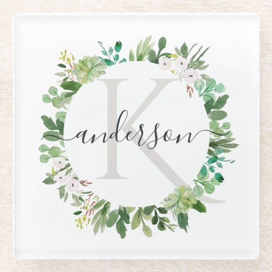 SUCCULENT EUCALYPTUS FOLIAGE WATERVERF MONOGRAM GLAZEN ONDERZETTER (Voorkant)
