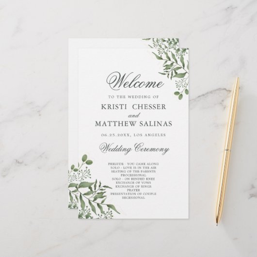 Succulent Eucalyptus Leaves Wedding Program (Voorkant / Achterkant in situ)