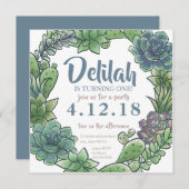 Succulent First Birthday Invitation Kaart (Voorkant / Achterkant)
