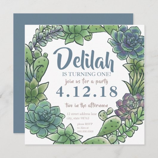 Succulent First Birthday Invitation Kaart (Voorkant / Achterkant)
