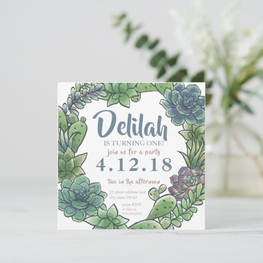 Succulent First Birthday Invitation Kaart (Staand voorkant)