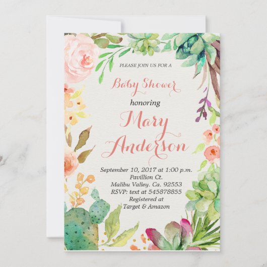Succulent Floral Cactus Invitation Kaart (Voorkant)