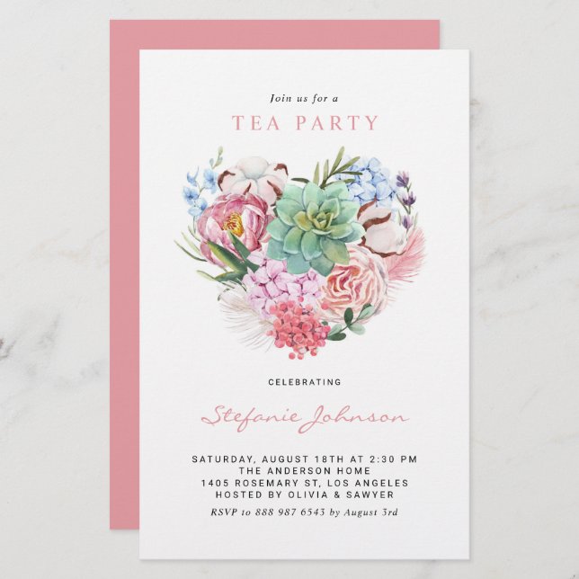 Succulent Floral Heart Tea Party Invitation (Voorkant / Achterkant)