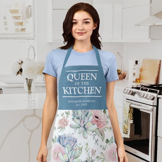 Succulent Floral Queen of the Kitchen Name Schort
