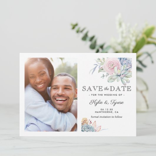 Succulent Floral Save the Date Foto (Staand voorkant)