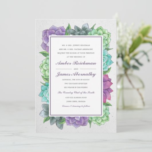 Succulent Florals bruiloft uitnodiging | Lavendel (Staand voorkant)