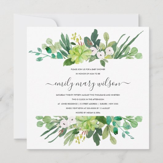 SUCCULENT FOLIAGE LIJST WATERVERF BABY SHOWER KAART (Voorkant)