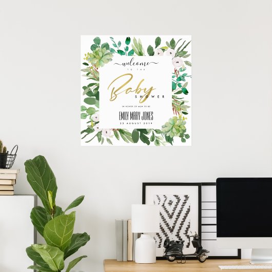 SUCCULENT FOLIAGE WATERVERF BABY SHOWER WELKOM POSTER (Thuiskantoor)