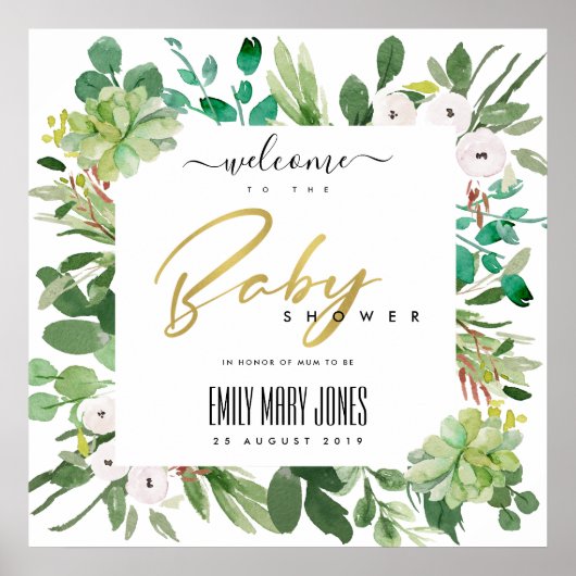 SUCCULENT FOLIAGE WATERVERF BABY SHOWER WELKOM POSTER (Voorkant)