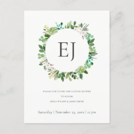 SUCCULENT FOLIAGE WREATH MONOGRAM COUPLY SHOWER UITNODIGING BRIEFKAART