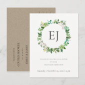 SUCCULENT FOLIAGE WREATH MONOGRAM COUPLY SHOWER UITNODIGING BRIEFKAART (Voorkant / Achterkant)
