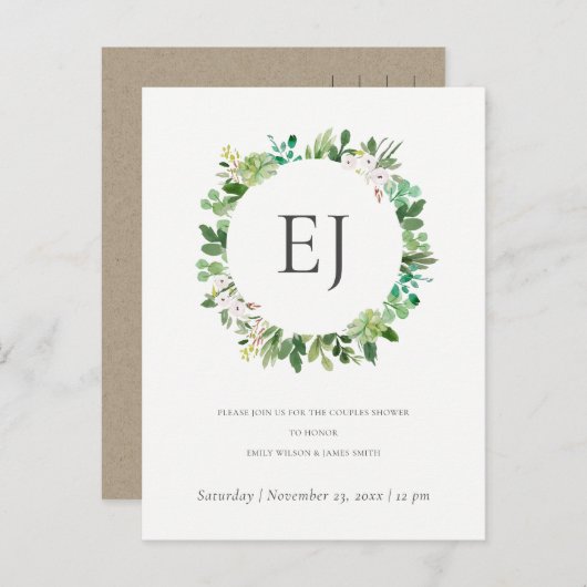 SUCCULENT FOLIAGE WREATH MONOGRAM COUPLY SHOWER UITNODIGING BRIEFKAART (Voorkant / Achterkant)