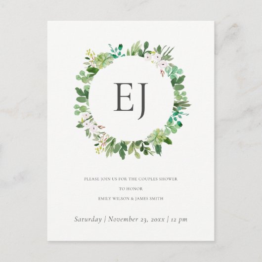SUCCULENT FOLIAGE WREATH MONOGRAM COUPLY SHOWER UITNODIGING BRIEFKAART (Voorkant)