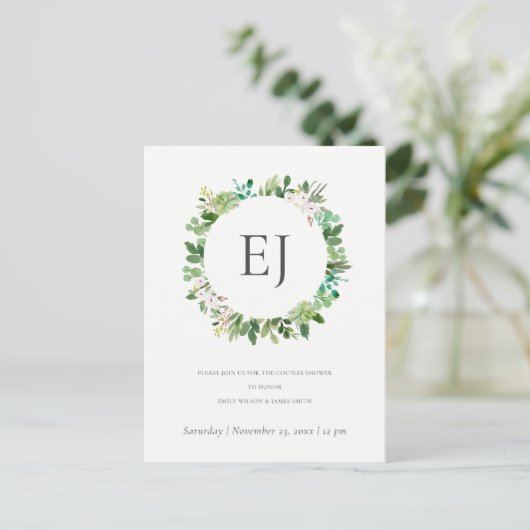 SUCCULENT FOLIAGE WREATH MONOGRAM COUPLY SHOWER UITNODIGING BRIEFKAART (Staand voorkant)