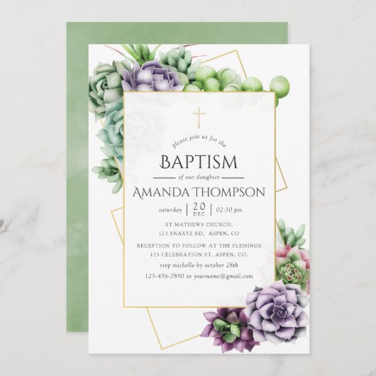 Succulent Geometric Baptism of Christening Kaart (Voorkant / Achterkant)