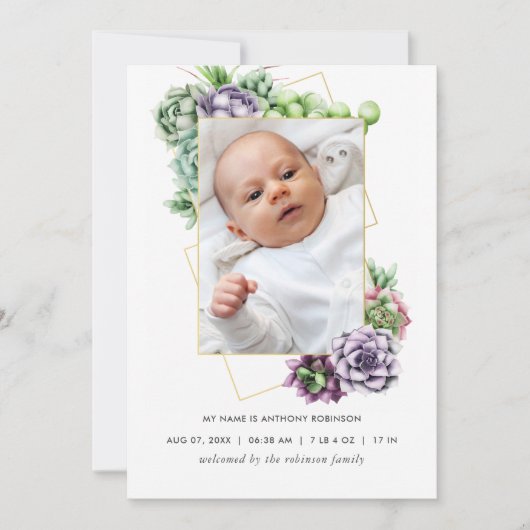 Succulent Geometric Birth Announding Photo Card Aankondiging (Voorkant)