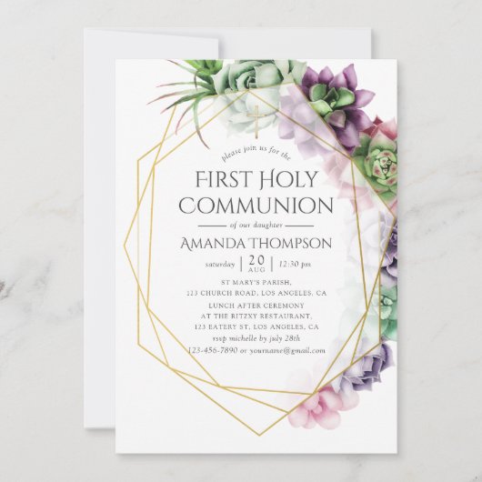 Succulent Geometric First Heilige Communie Kaart (Voorkant)