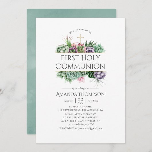 Succulent Geometric First Heilige Communie Kaart (Voorkant / Achterkant)
