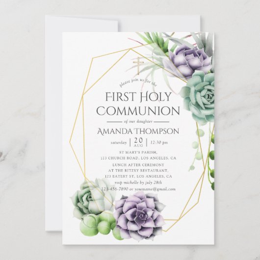 Succulent Geometric First Heilige Communie Kaart (Voorkant)