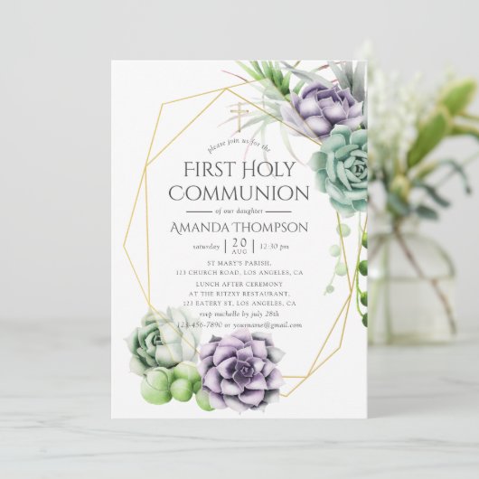 Succulent Geometric First Heilige Communie Kaart (Staand voorkant)