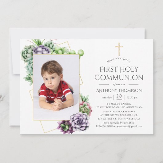 Succulent Geometric First Heilige Communie Kaart (Voorkant)